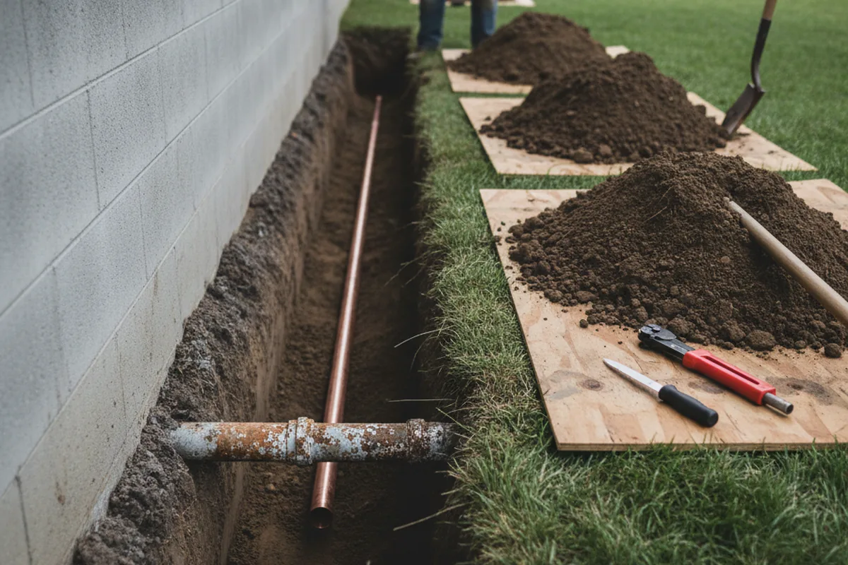 Excavated water line trench during Water Heater Repair in Scuddy